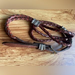 Vintage Western Brown Leather Braided Rope Silver Buckle Skinny Belt Size 34